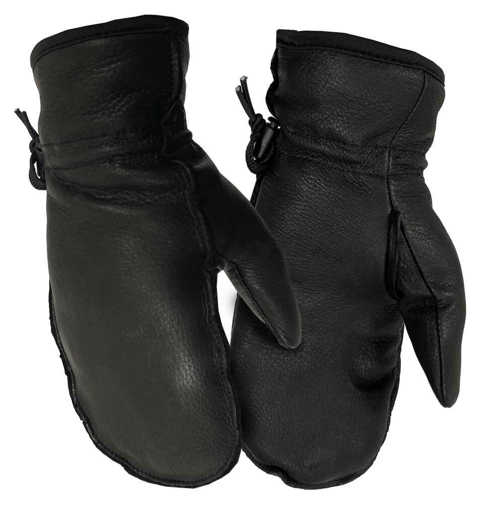 Black premium full grain deerskin women's fashion mitten, Arctic edge lined with 5-finger full-sock lining