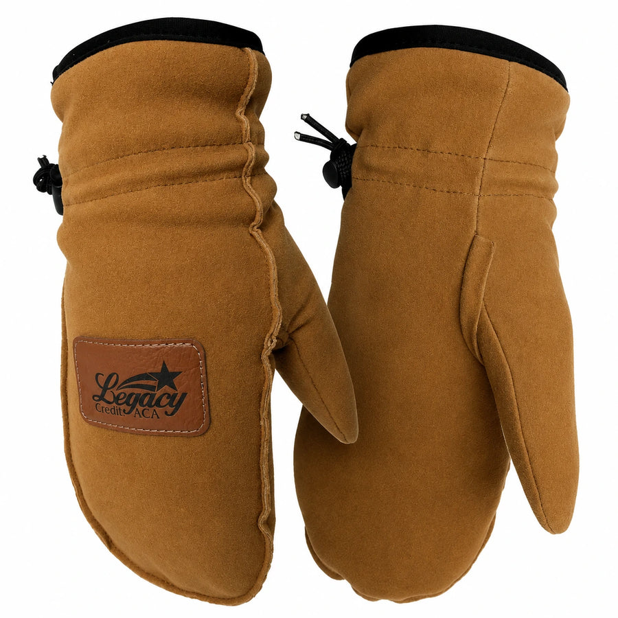Pair of brown mittens with a visible brand logo on a white background