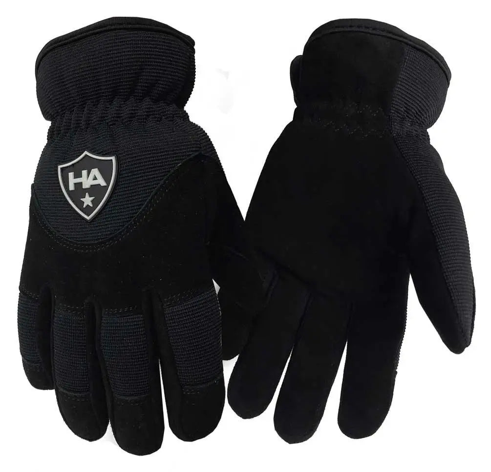 A pair of black winter gloves shown against a plain white background, displaying both the back of one glove with a shield logo and the palm side of the other.