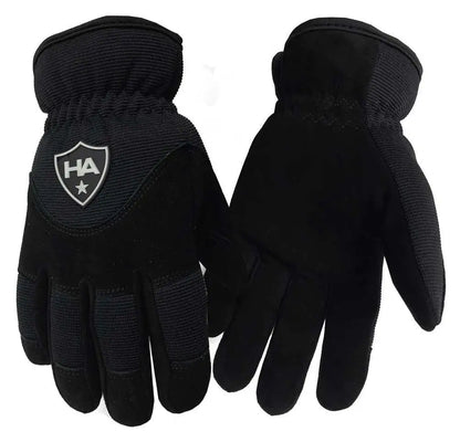 A pair of black winter gloves shown against a plain white background, displaying both the back of one glove with a shield logo and the palm side of the other.