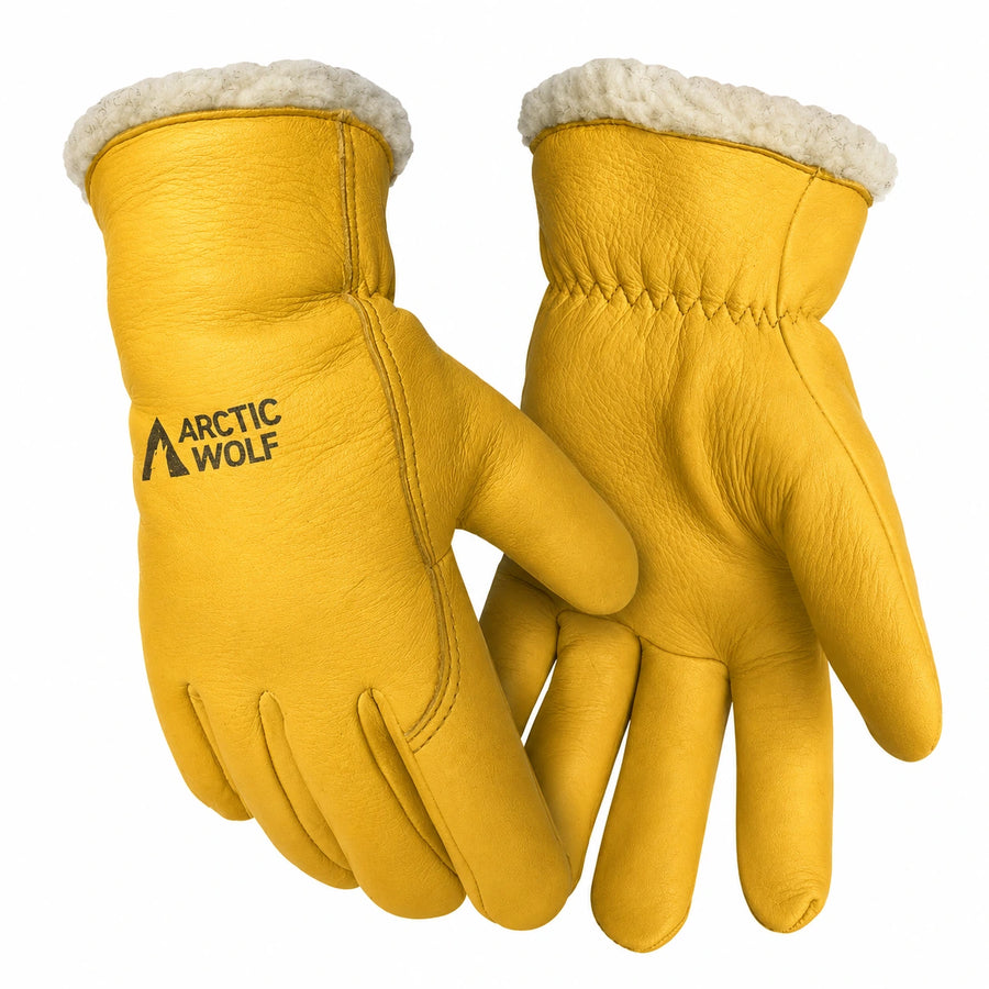Yellow gloves with white fur lining and Arctic Wolf logo on a white background