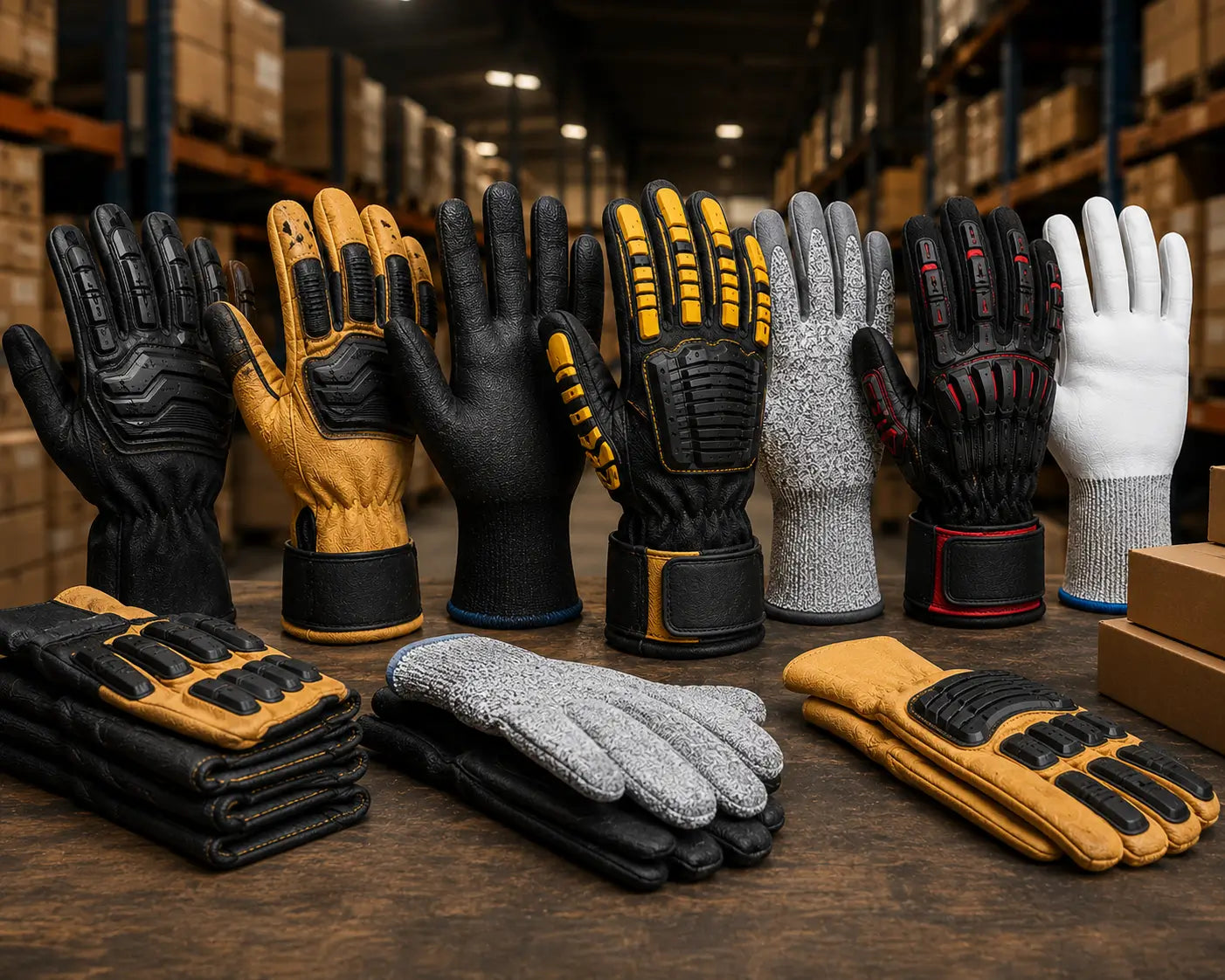 Collection of various gloves on a wooden surface in a warehouse setting