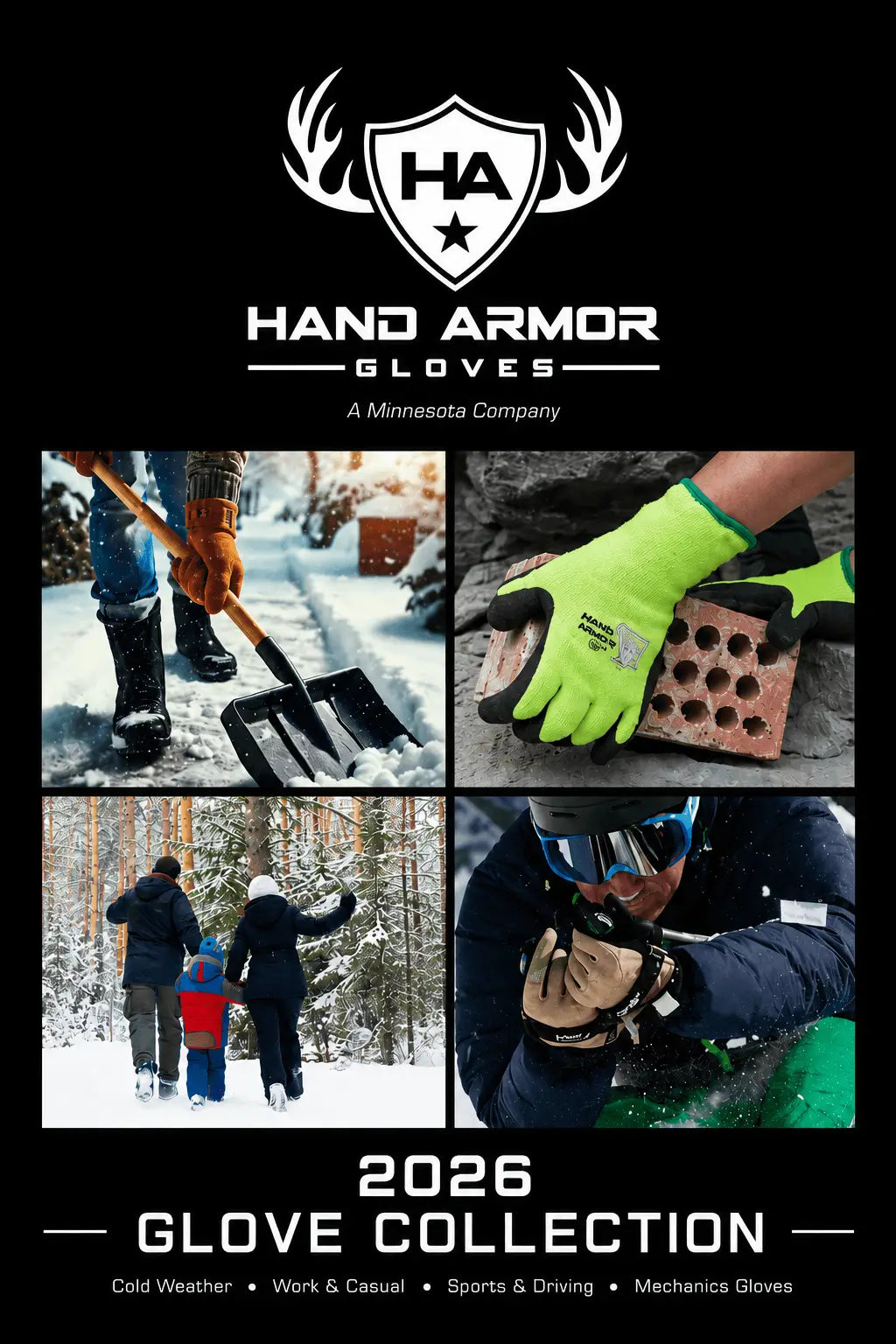 Hand Armor Gloves 2026 Collection brochure with various glove uses and branding.