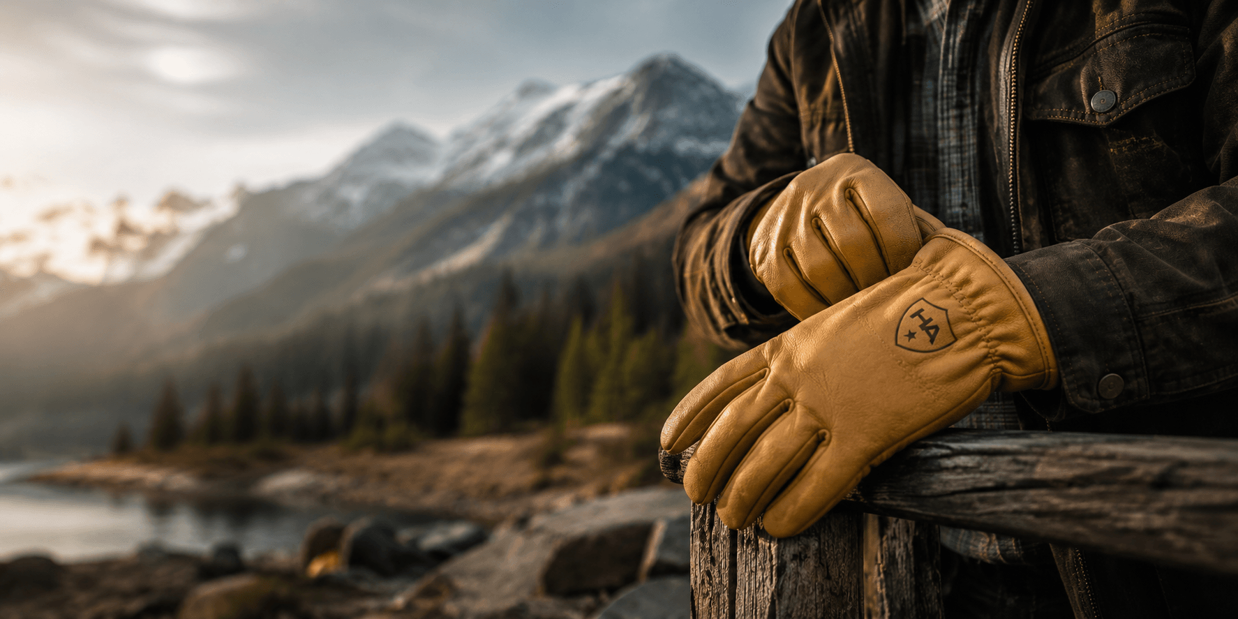 Person wearing tan leather gloves by Hand Armor Gloves with a mountain landscape in the background