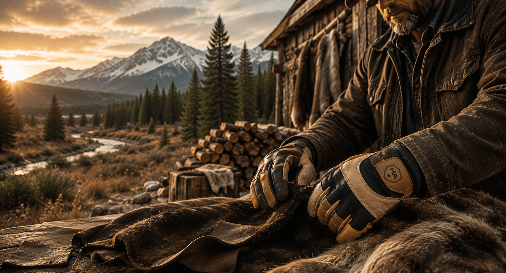Person wearing insulated leather work gloves by Hand Armor Gloves while handling animal hide in a rustic mountain setting