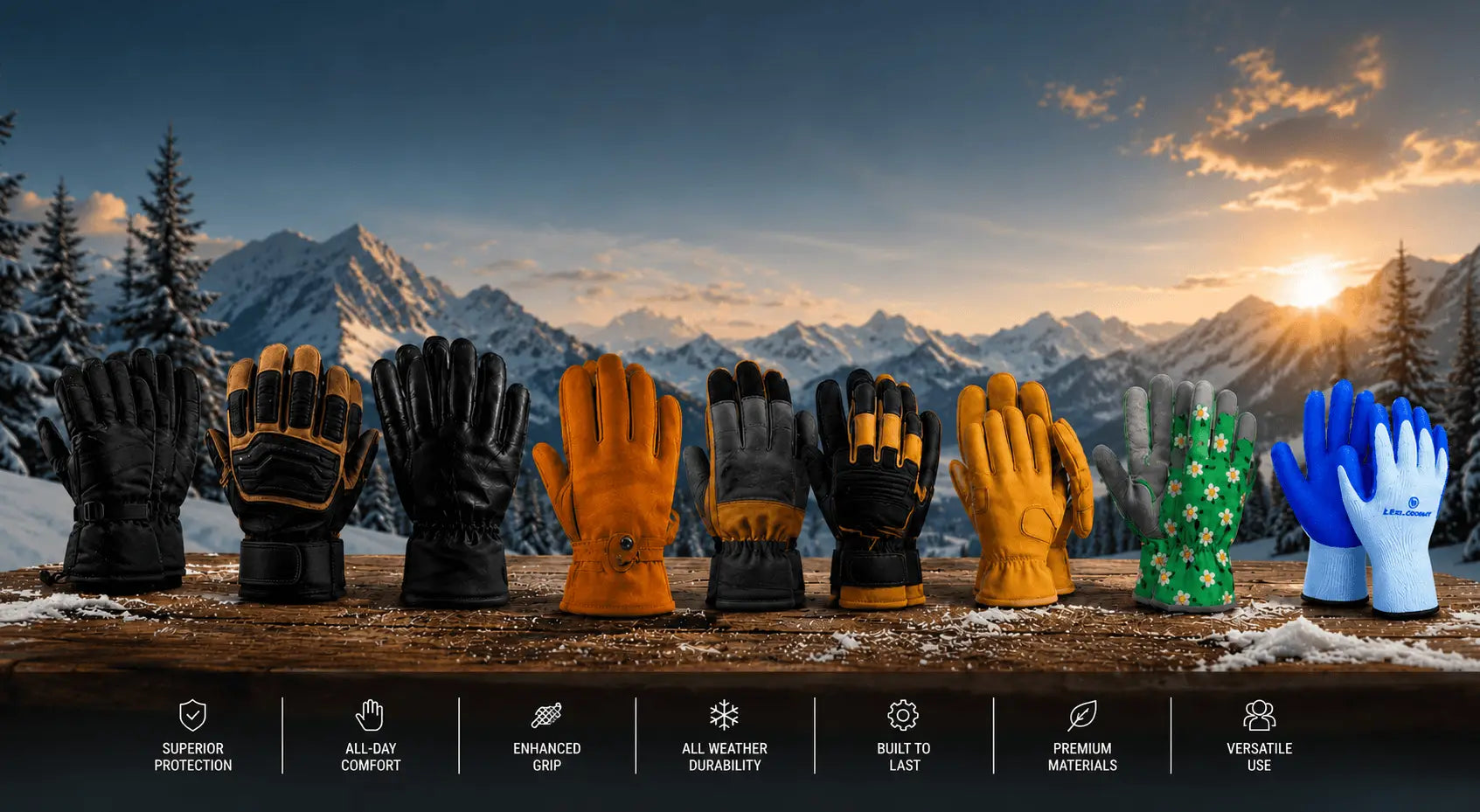 A lineup of ten different winter gloves displayed on a wooden surface against a scenic mountain sunset background. The gloves come in various colors including black, yellow, green, blue, and gray, with some featuring yellow accents.