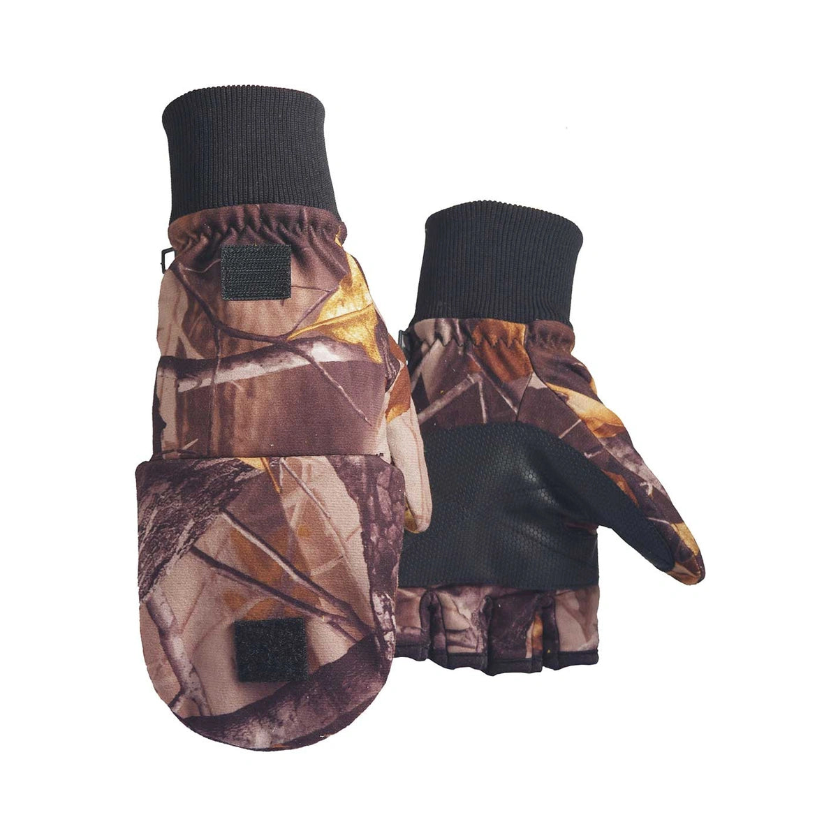 Camo fleece mittens, fleece-lined, with textured pu palm