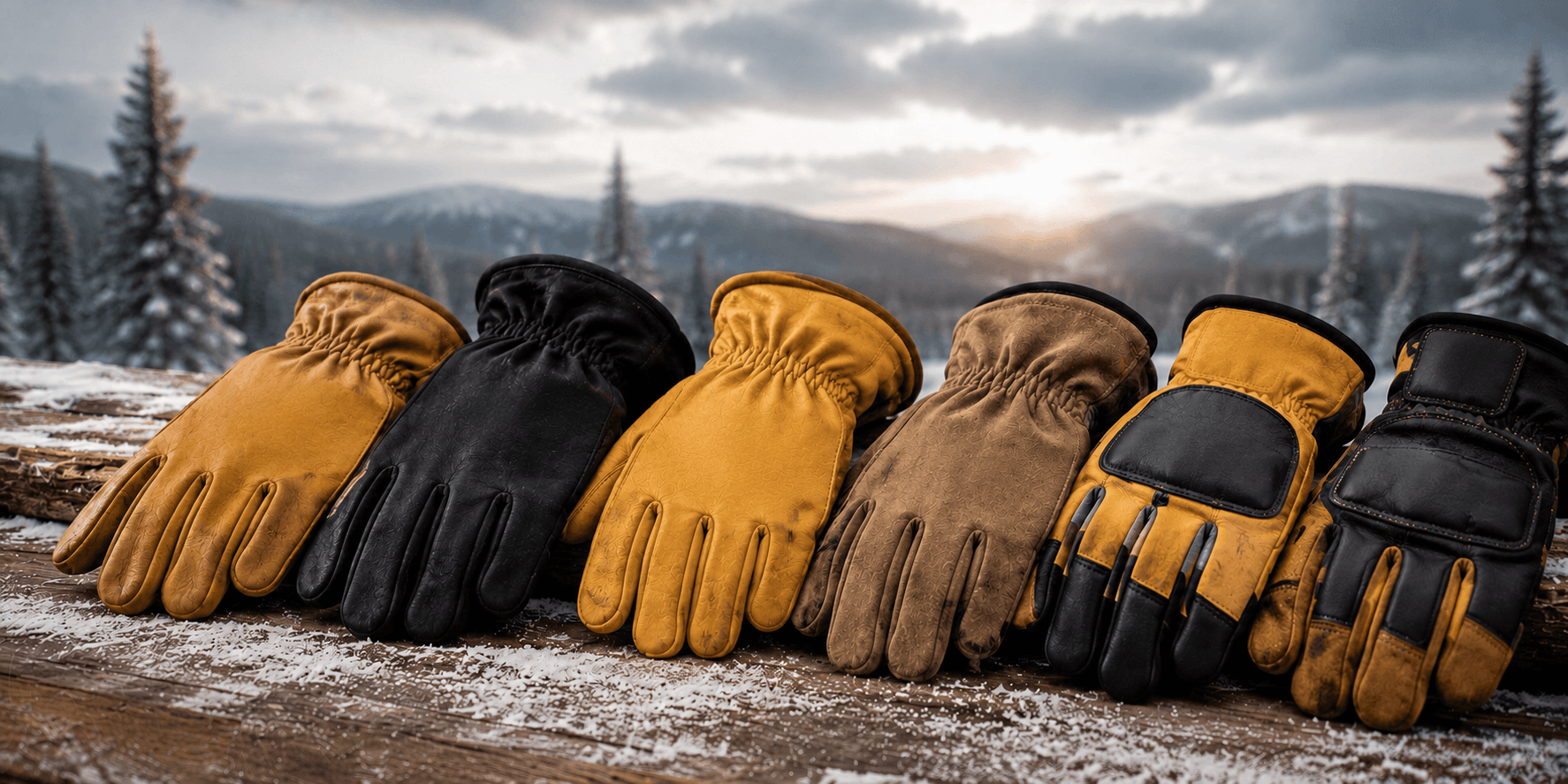 Set of leather gloves in various colors on a snowy ground with trees and mountains in the background.