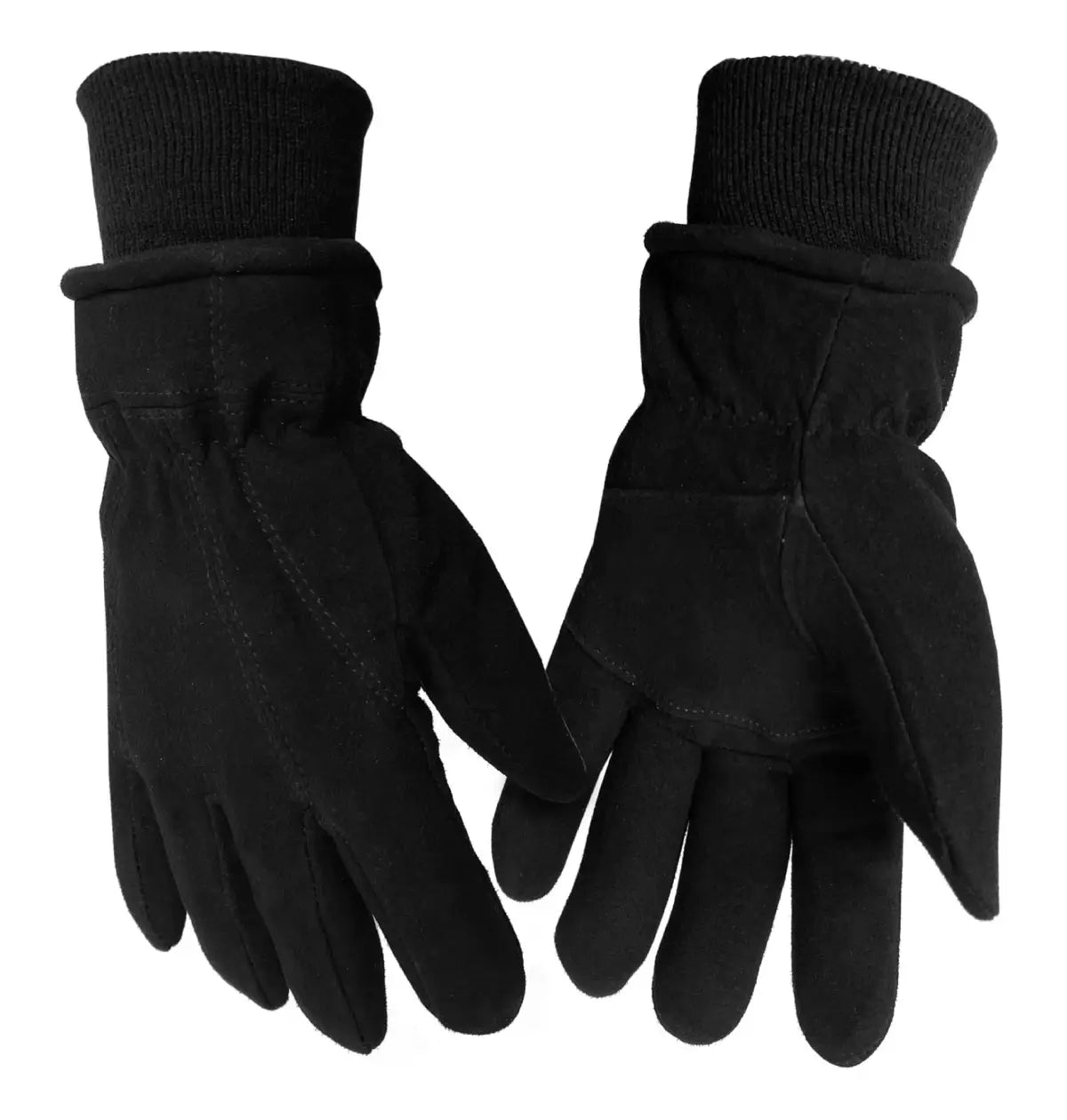 Black deer suede Heatlok lined gloves with knit wrist and double leather palm