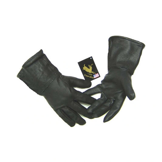 Black deerskin leather gauntlet gloves, fleece-lined, with wing thumb