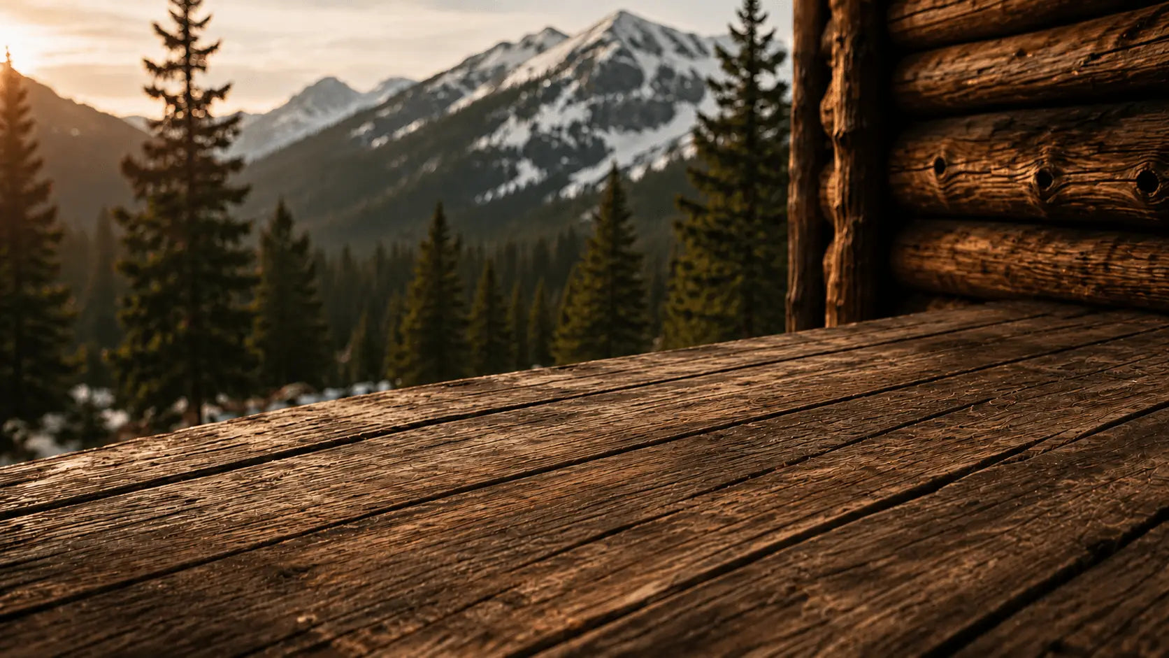 A rustic wooden cabin porch with a weathered wooden deck in the foreground and a scenic mountain landscape with pine trees in the background.