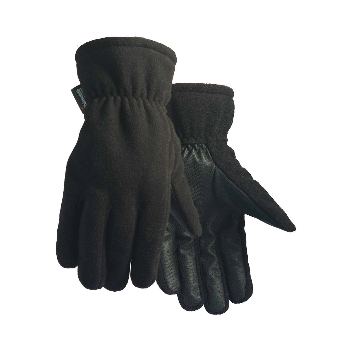 Black fleece gloves, fleece-lined, with textured pu palm
