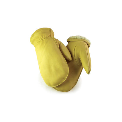 Tan full grain deerskin mittens, sherpa-lined, with keystone thumb