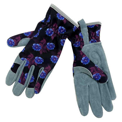Pair of gardening gloves with floral pattern on a white background