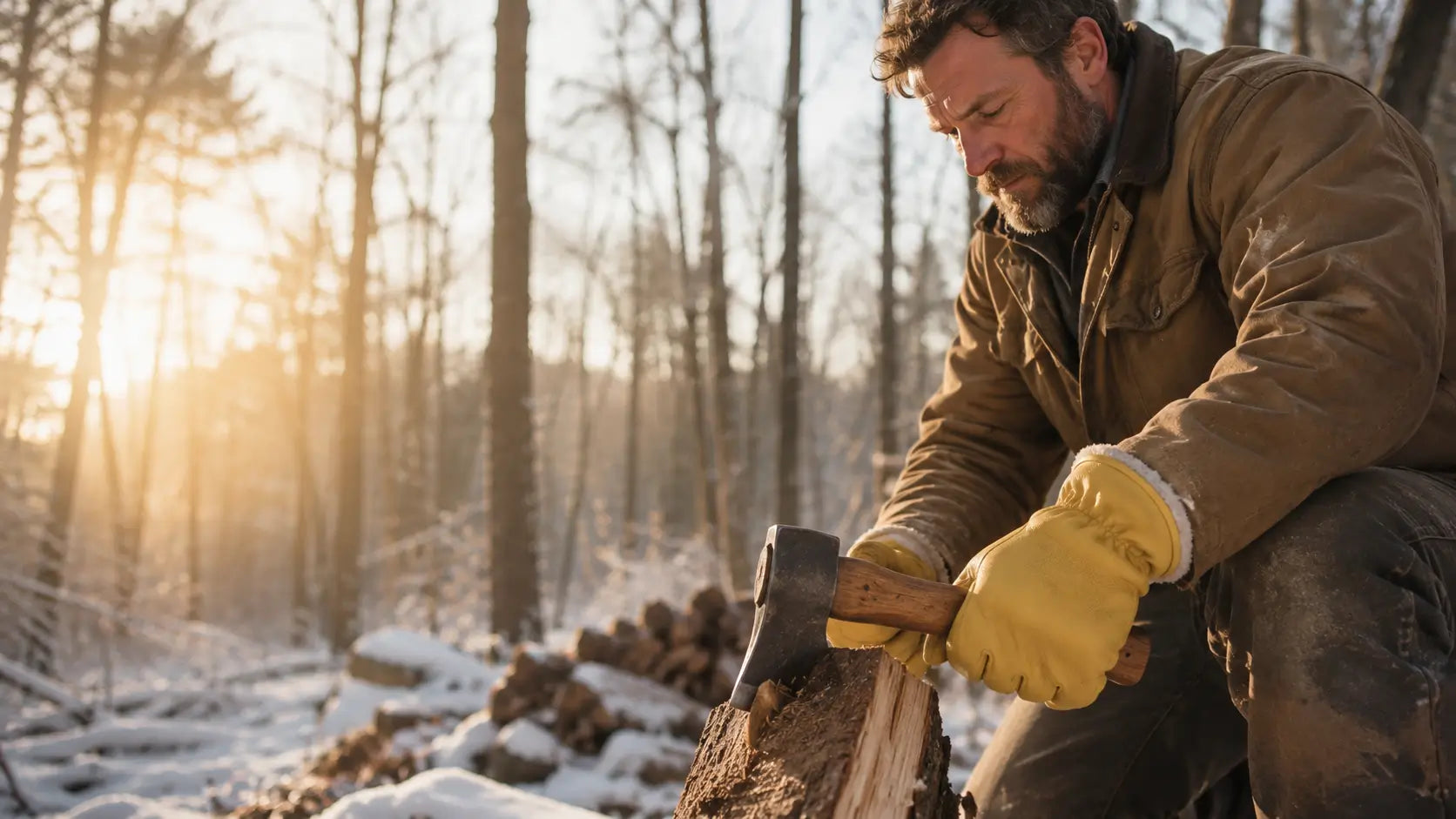 Man in winter clothing using an axe in a snowy forest