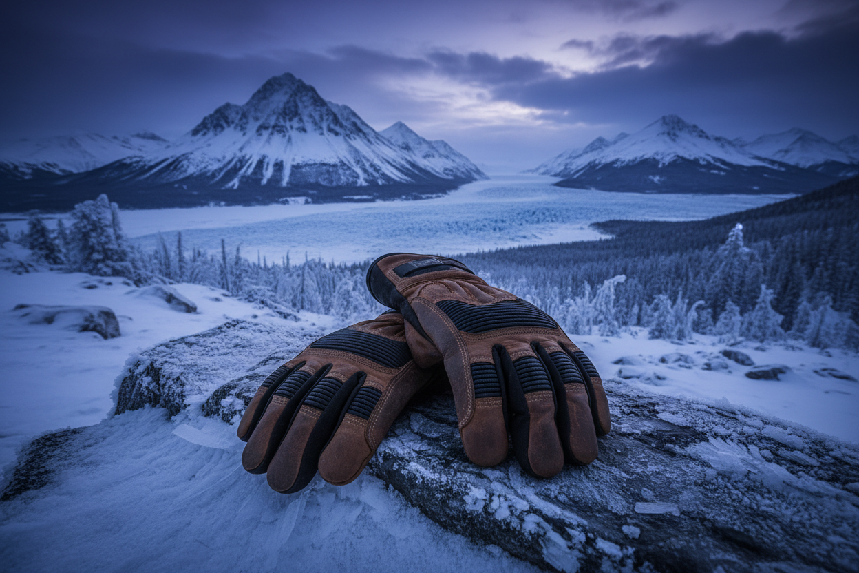 Pair of brown gloves on a rock with a snowy mountain landscape in the background