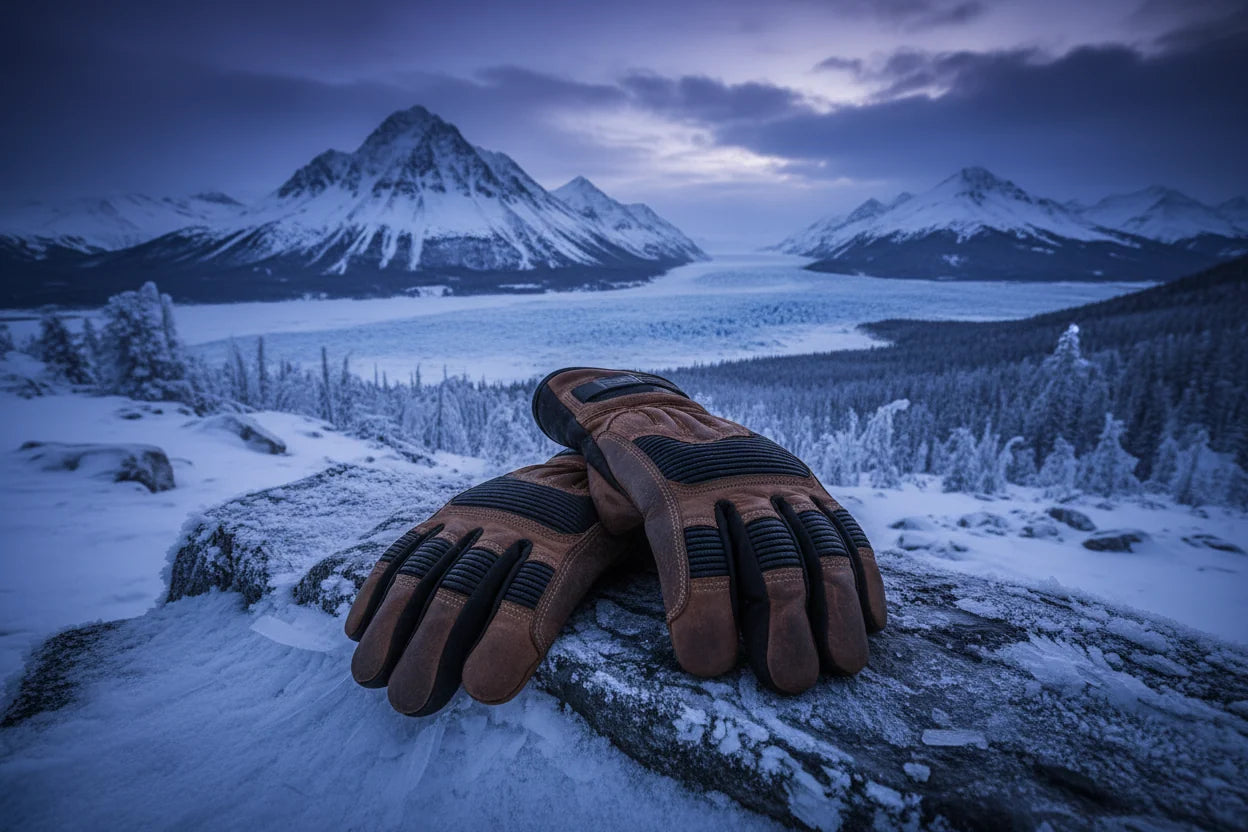 Pair of brown gloves on a rock with a snowy mountain landscape in the background