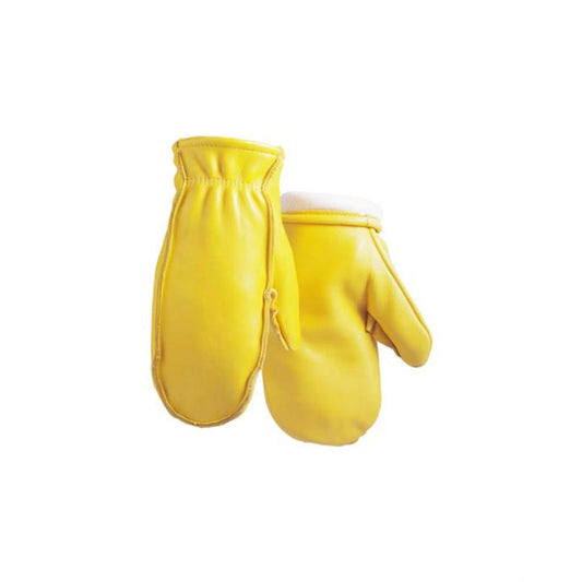 Tan elkskin mittens, Thinsulate-lined, with wear like iron