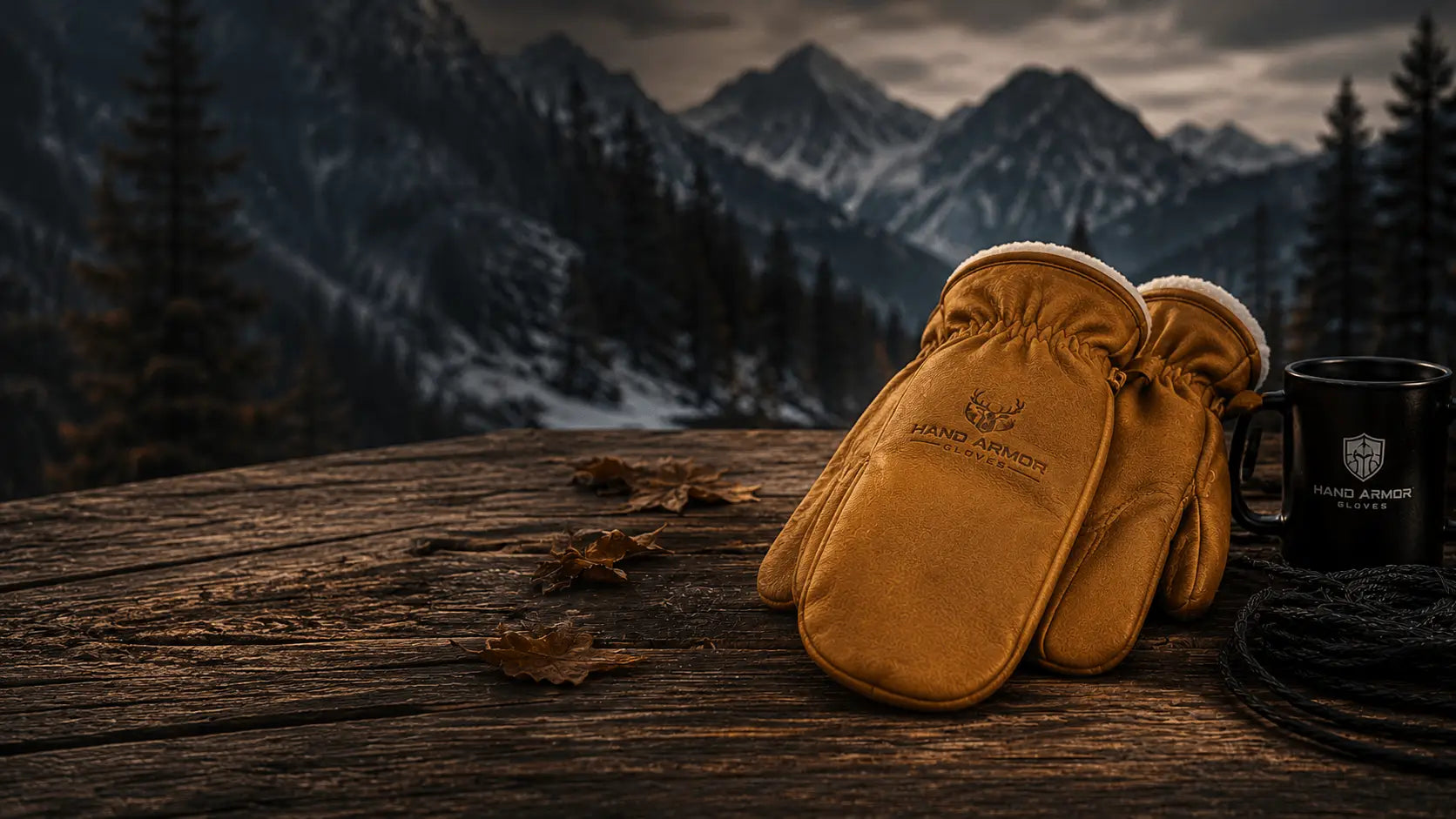 A pair of tan leather winter mittens with white fleece lining and an embossed logo, displayed on a rustic wooden table with a black mug and rope against a snowy mountain background.