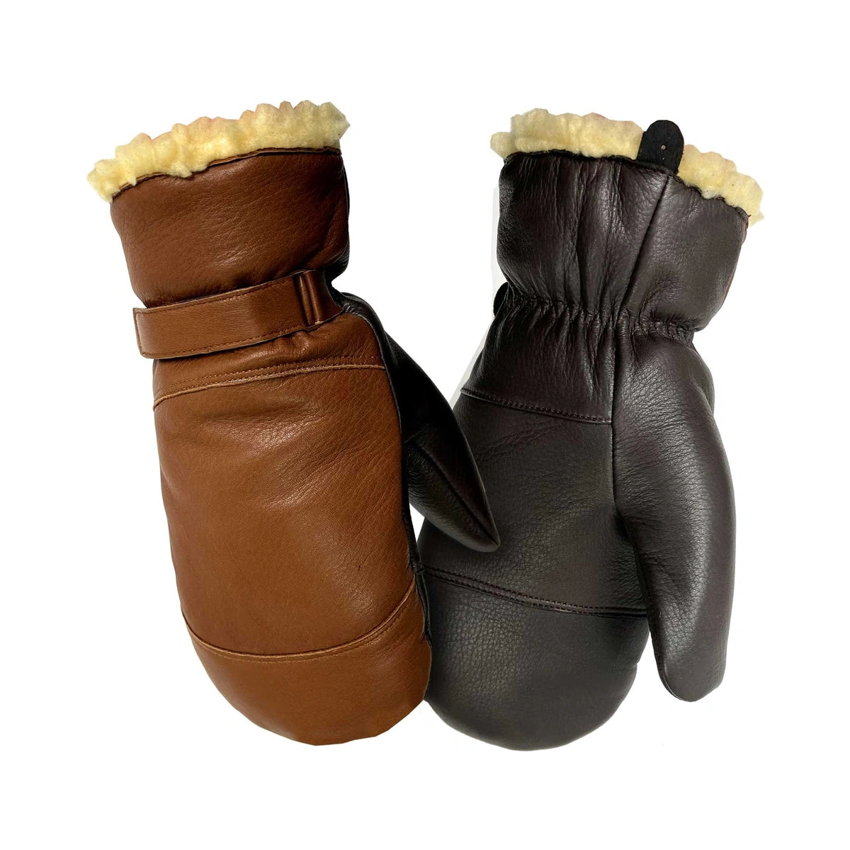 Two tone brown leather mittens, waterproof, with 450 boa pile lined