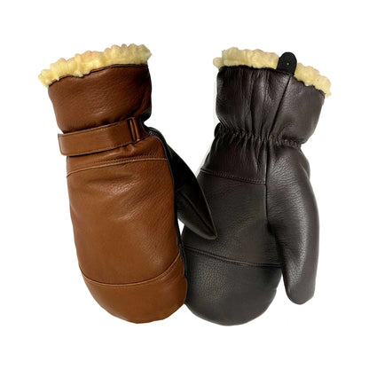 Two tone brown leather mittens, waterproof, with 450 boa pile lined