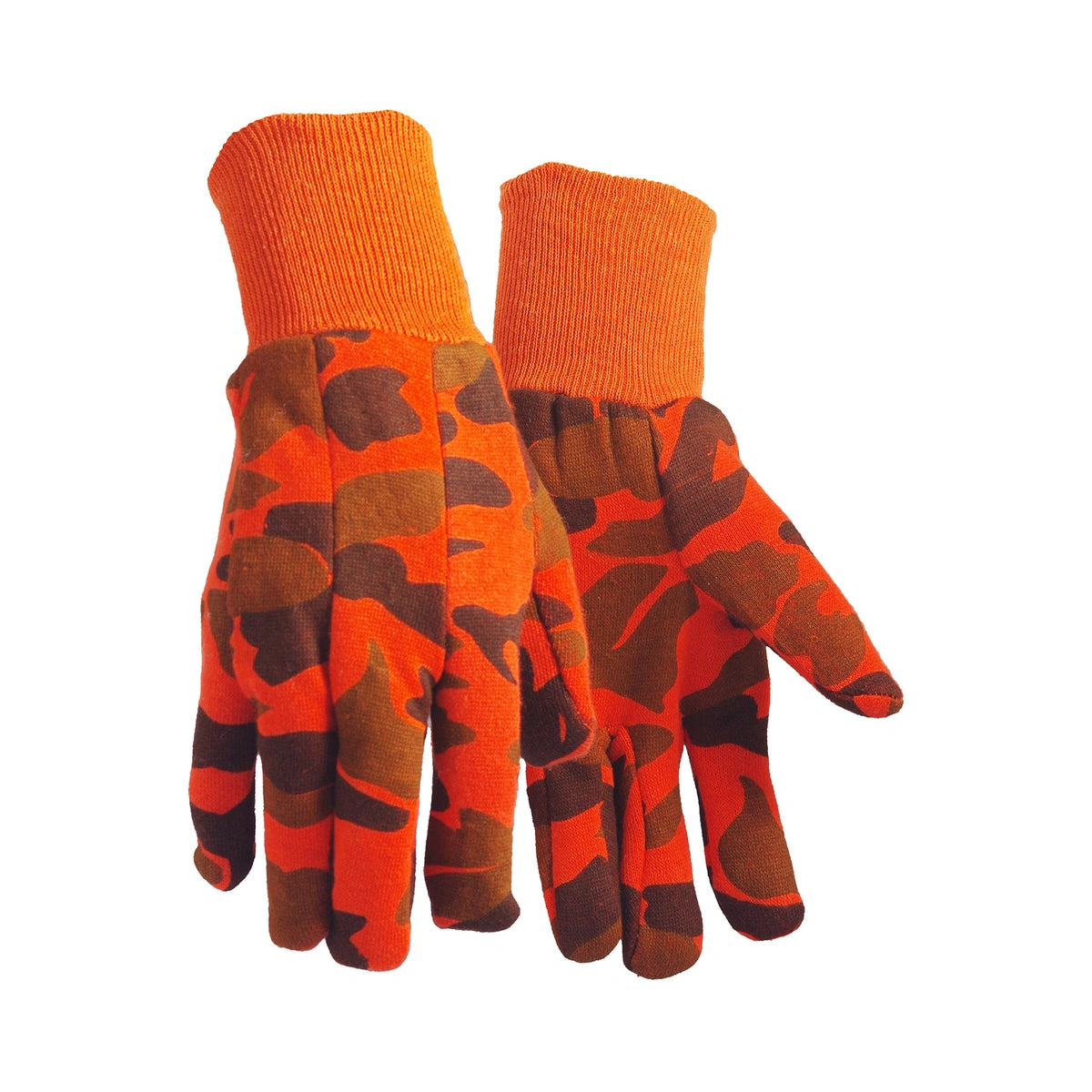 Orange cotton jersey gloves, with clute pattern