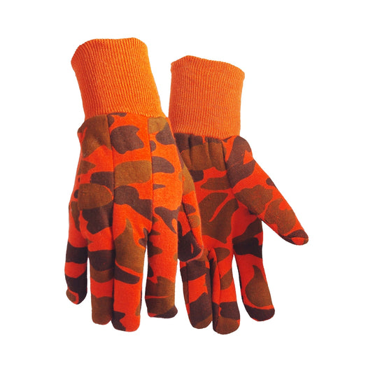 Orange cotton jersey gloves, with clute pattern