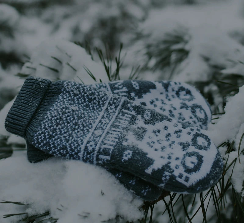 Knitted mittens with a snowflake pattern on a snowy branch