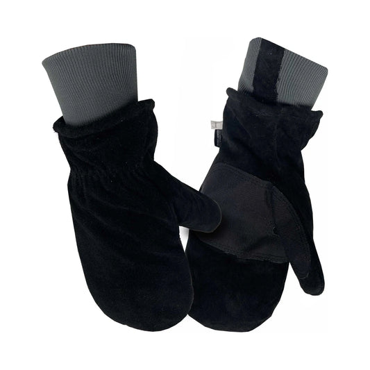 Black split cowhide chopper mittens, sherpa-lined, with durable cow split leather