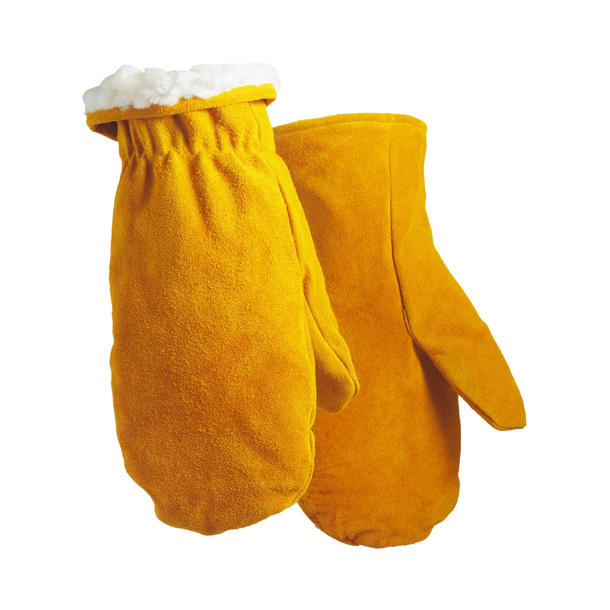 Tan split cowhide chopper mittens, sherpa-lined, with durable cow split leather