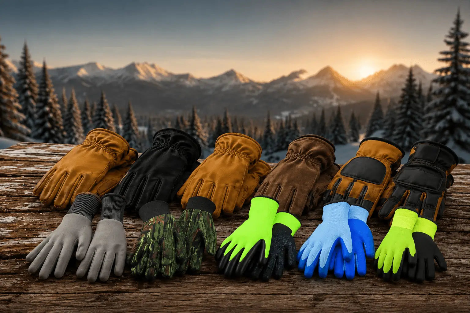 Six pairs of winter gloves and mittens arranged on a wooden surface with a snowy mountain landscape at sunset in the background. The gloves include tan, black, brown, gray, camouflage, neon green, light blue, and neon green/black color combinations.