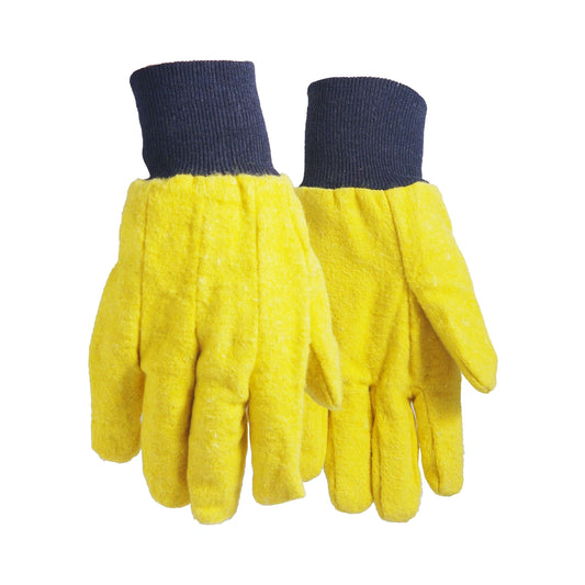 Yellow cotton chore gloves, with thick heavy weight