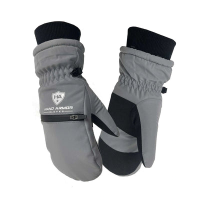 Grey leather mittens, waterproof, with nylon shell